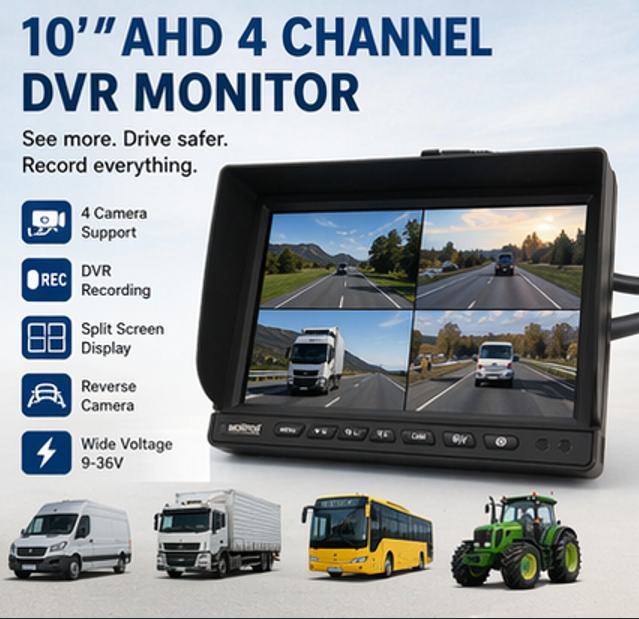 10" AHD Vehicle DVR Monitor 4 Channel | Split Screen Display | Reverse Camera System | SD Recording